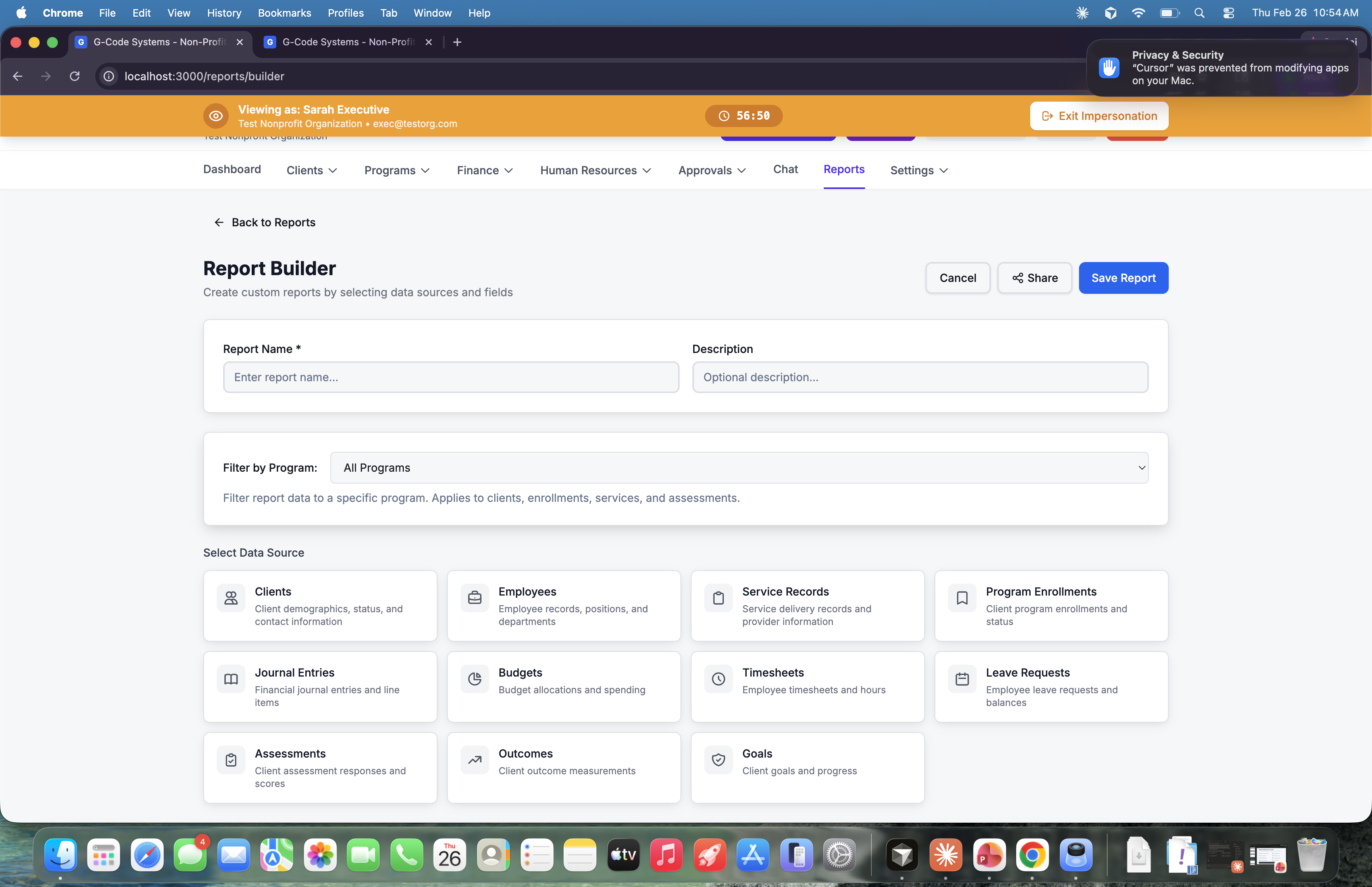Reporting screenshot